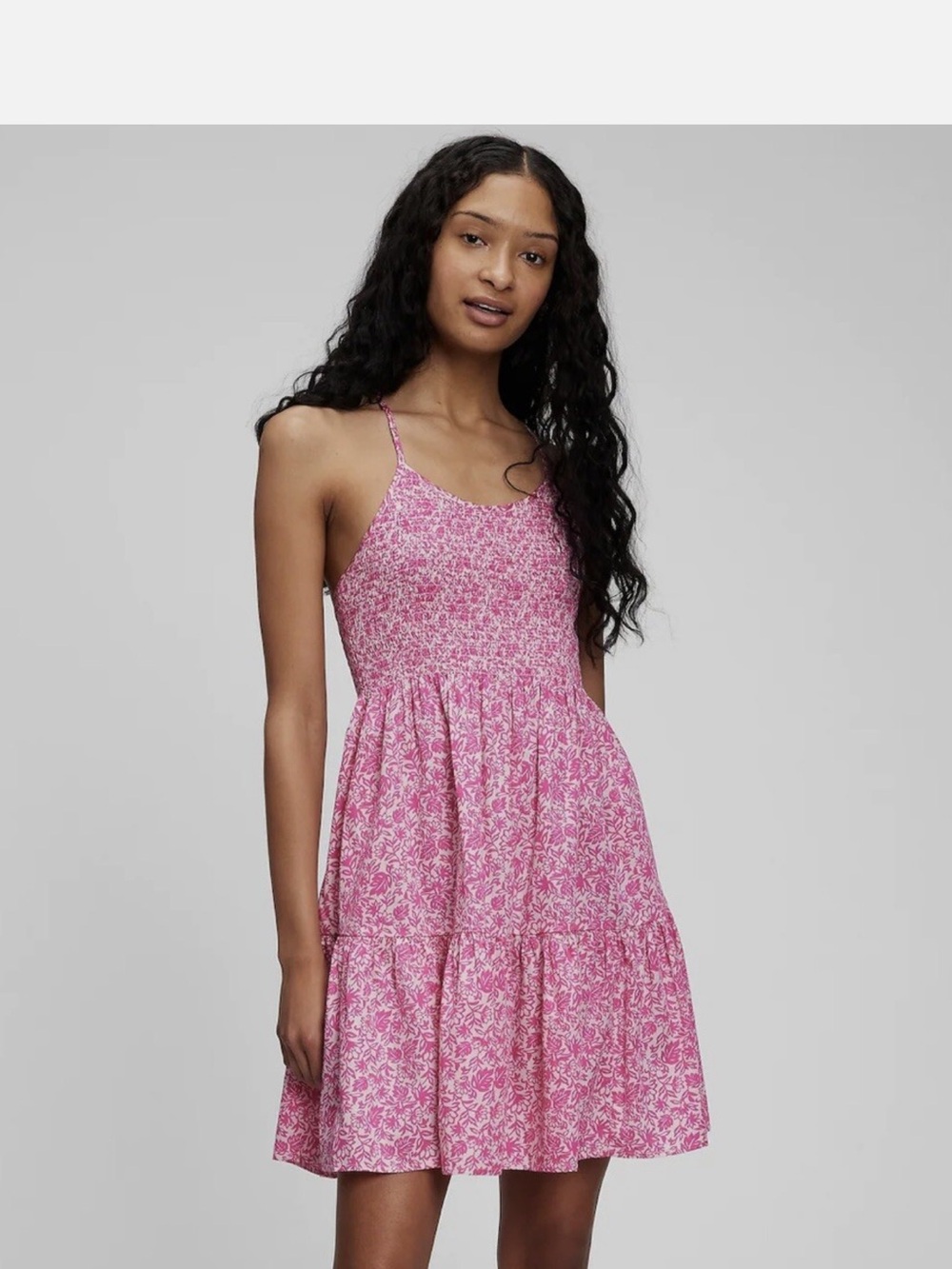 GAP Pink Floral Smocked Cotton Mini Dress with Spaghetti Straps